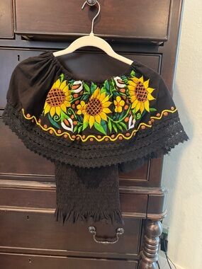 Black Off-Shoulder Sunflower Embroidered Blouse